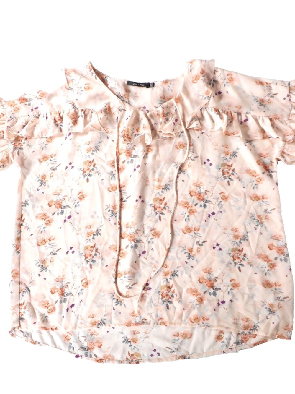 Doe & Rae Apricot Floral Chiffon Ruffle L Top Flutter Short Sleeve Flowy Autumn